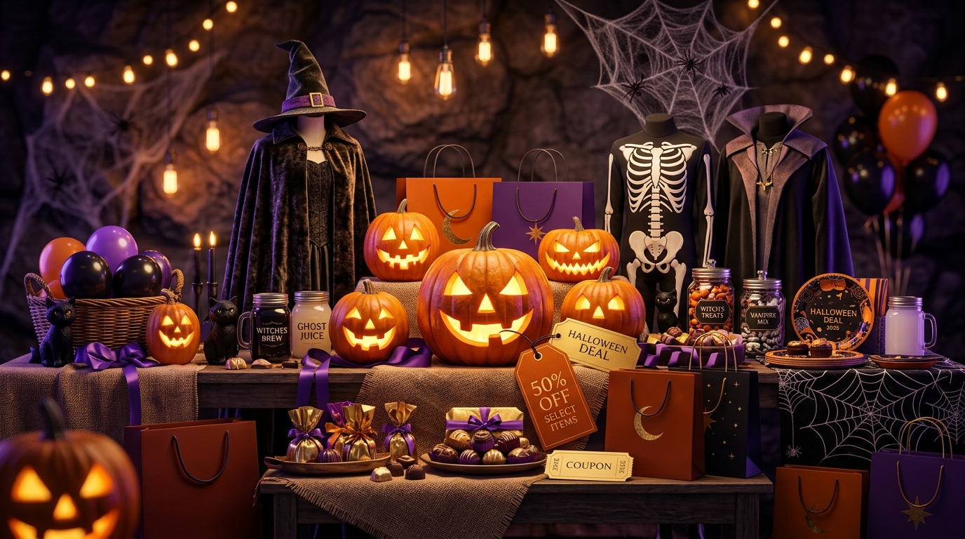 Halloween deals and coupons for costumes, candy, decorations, and party supplies.